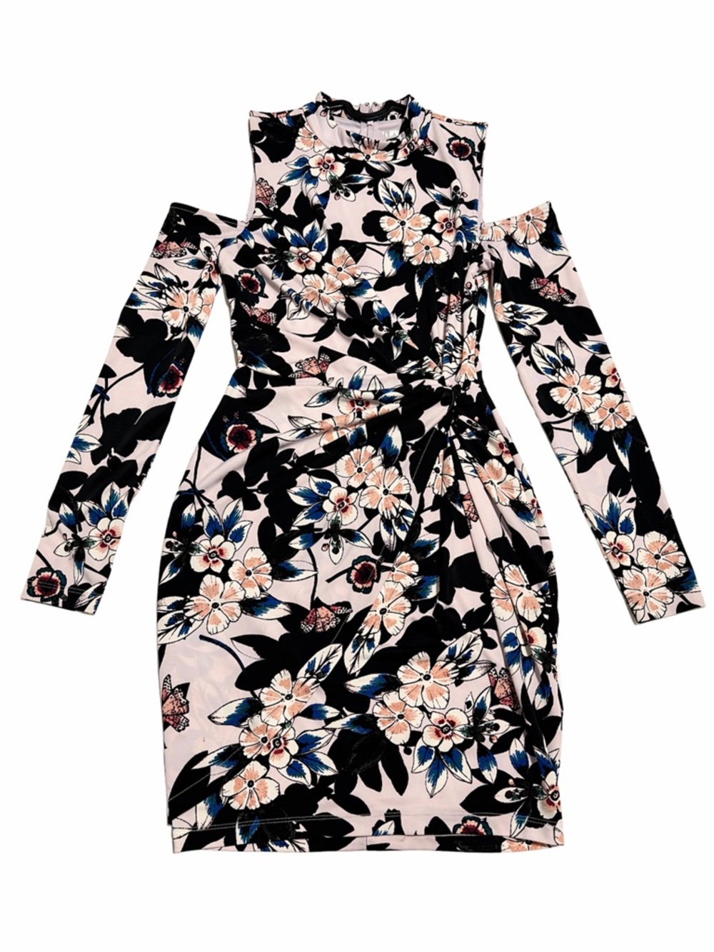 Guess by Marciano Blush Floral Cold-Shoulder Ruched Long-Sleeve Dress